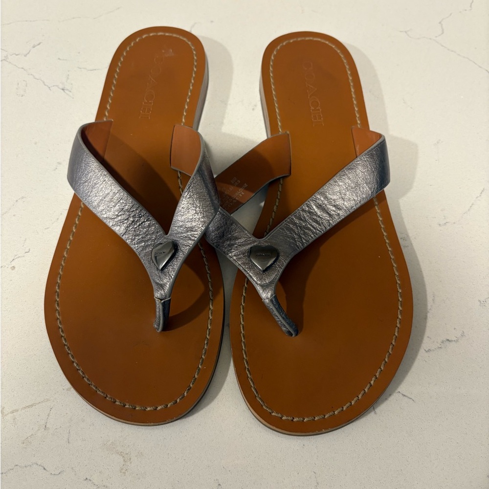Coach Metallic Silver Leather Thong Sandals